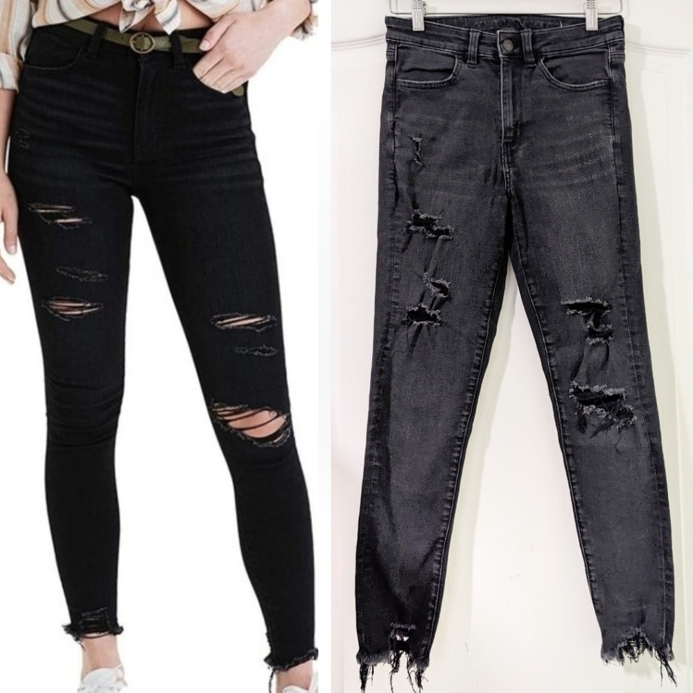 Ae | Super High-Waisted Jegging Crop In Distressed Black Blaze